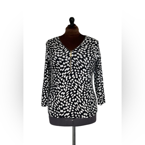 Rafaella Tops - Rafaella 3/4 Sleeve Cotton Comfort Gold Zip Black White Abstract Blouse Top Sz L